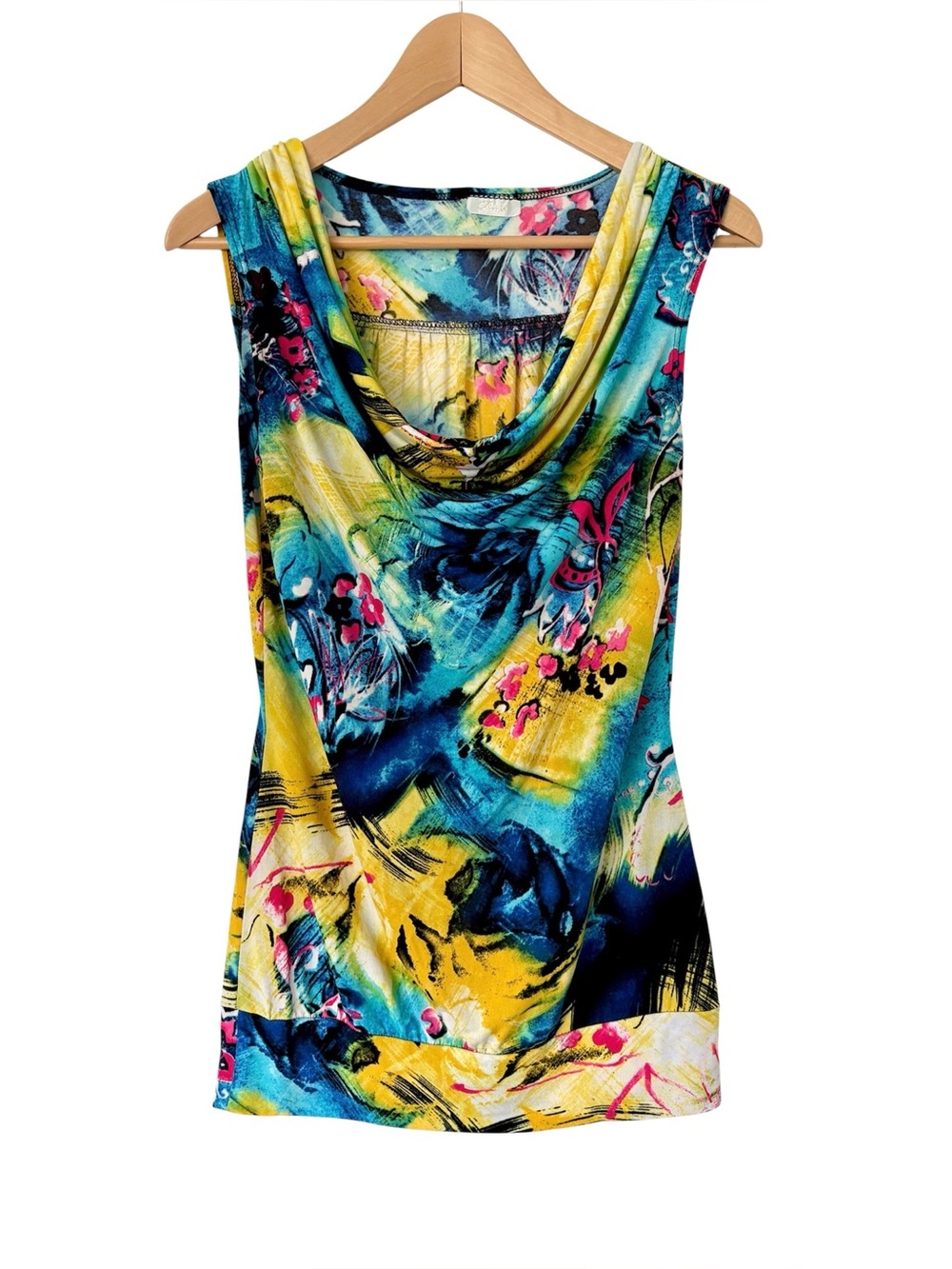 Y2K Poet Abstract Cowl Neck Floral Print Sleeveless Tunic Top Vibrant Bold